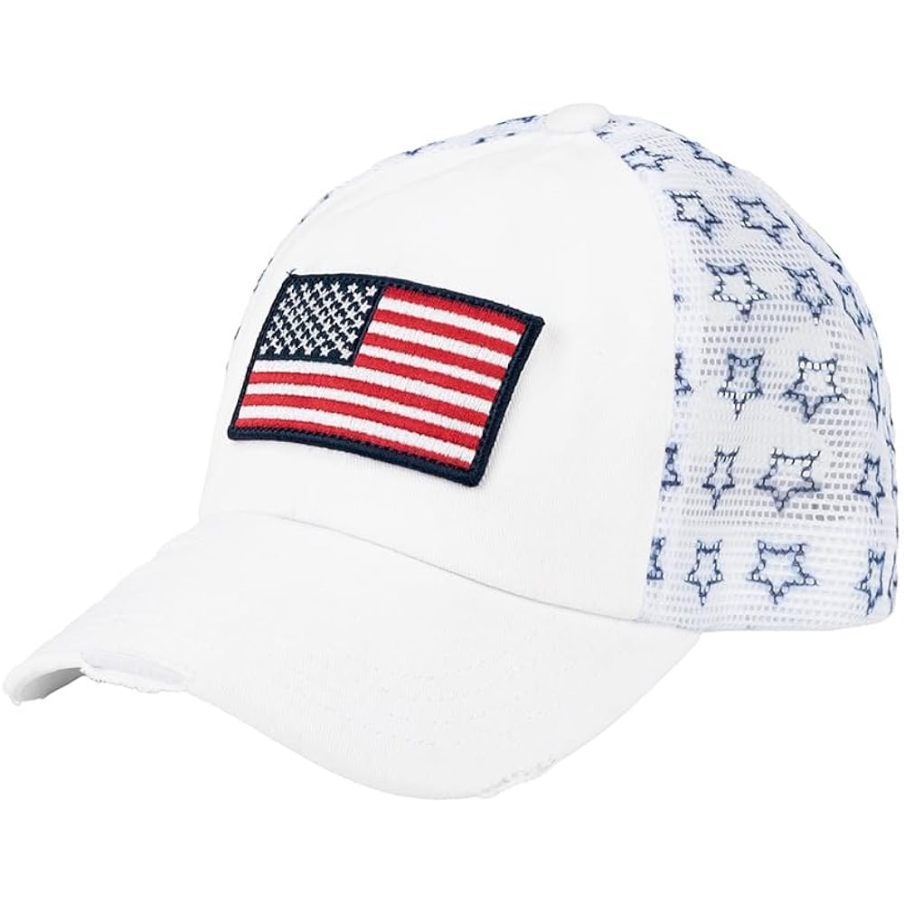 C.C Women's Criss-Cross Ponytail Baseball Cap – Embroidered Cotton Front, American Flag Mesh Back, Adjustable Velcro Flag-white