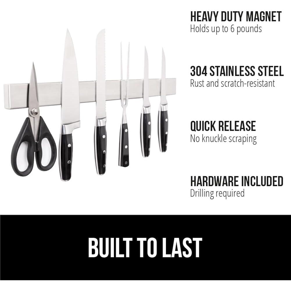 Gorilla Grip 304 Stainless Steel Heavy Duty Magnetic Knife Holder, Secure Wall Mounted Bar For Knives, Tools, Holds Up To 6 Lbs, Kitchen Organizer, 10 Inch Strip, Easy Installation, Screws Included