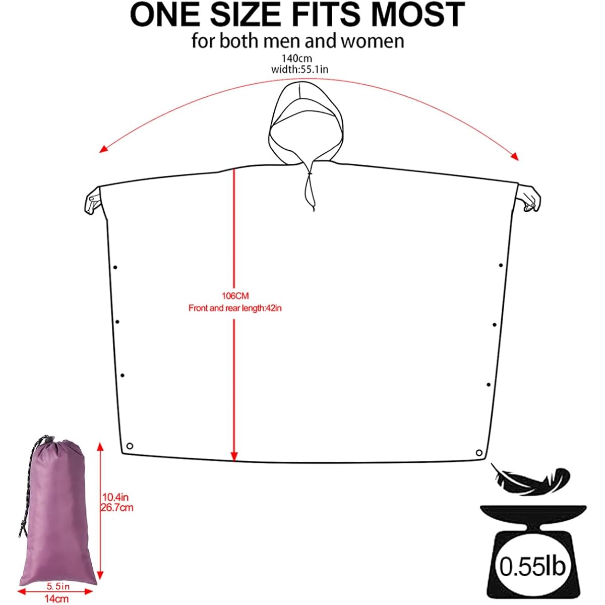 Hooded Rain Poncho For Adult, Waterproof Lightweight Raincoat For Hiking Camping