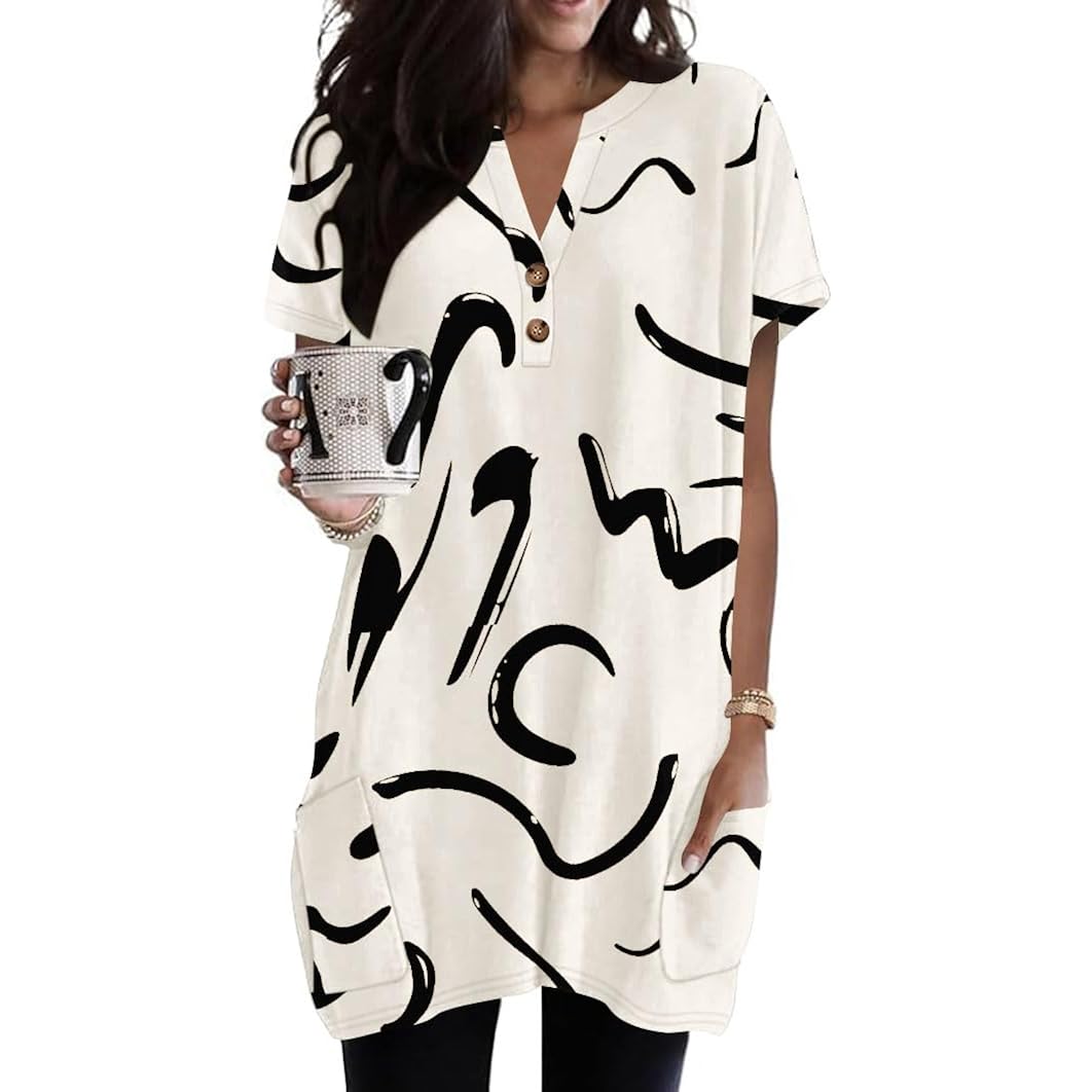 Summer Womens Tunic Tops for Leggings with Pockets Button V Neck Short Sleeve Casual Long T Shirts S-3XL