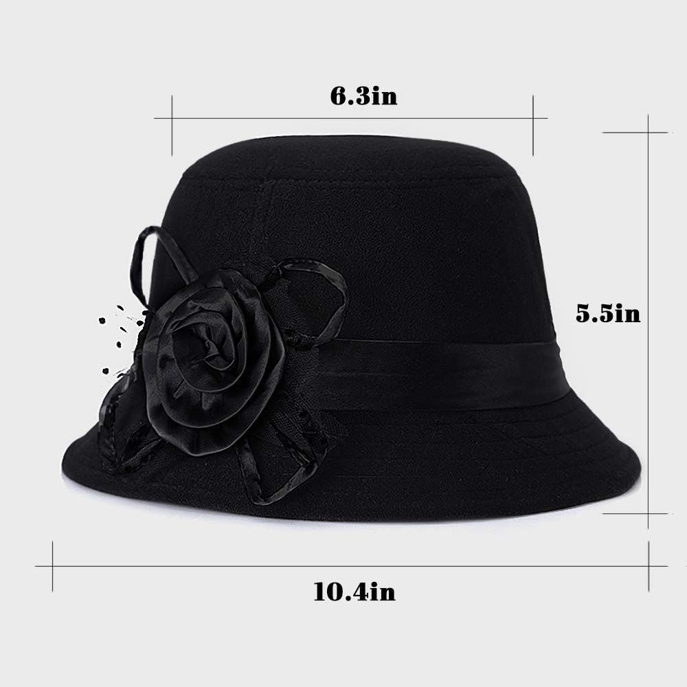 Vintage Felt Cloche Hat Winter Floral Fedora Bucket Hat Bowler Hats Black