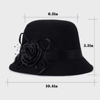 Vintage Felt Cloche Hat Winter Floral Fedora Bucket Hat Bowler Hats Black