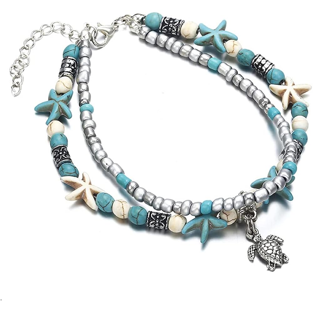 Softones Blue Starfish Turtle Anklet Multilayer Charm Beads Sea Handmade Boho Anklet Foot Jewelry for Women