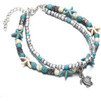 Softones Blue Starfish Turtle Anklet Multilayer Charm Beads Sea Handmade Boho Anklet Foot Jewelry for Women