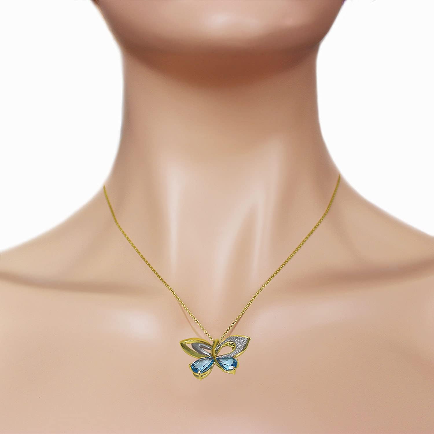 Galaxy Gold GG 4.18 CT. 14k Yellow Gold Butterfly Necklace with Natural Diamonds and Blue Topaz
