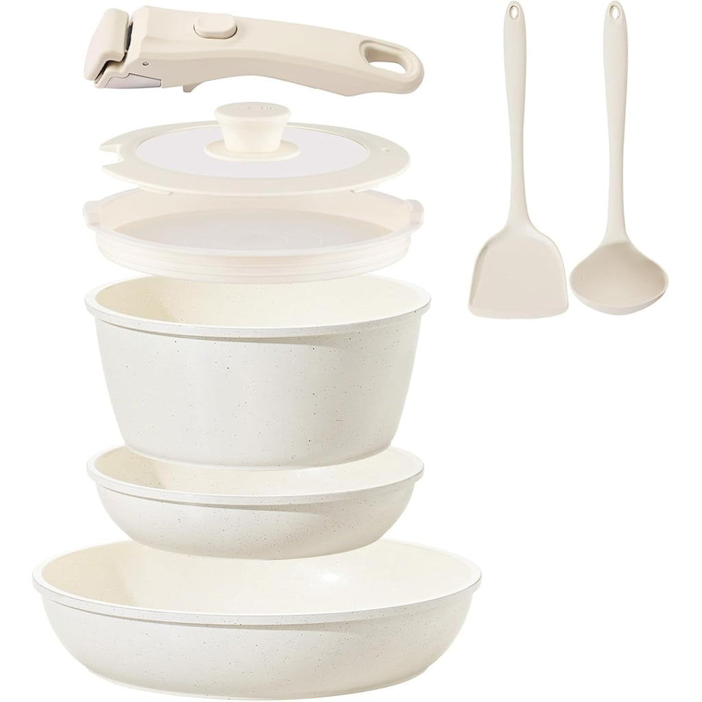 Ceramic Cookware Set Non Stick 8Pcs Pots and Pans Set Detachable Handle Induction Kitchen Cooking Set with Frying Pans Oven Dishwasher Safe, PFAS/PFOA Free, Cream White