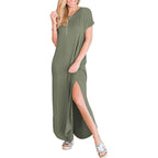 Anrabess Womens Summer Maxi Dress Short Sleeve Casual Loose Long T Shirt Dresses Split Vacation Beach Sundress Travel Outfits