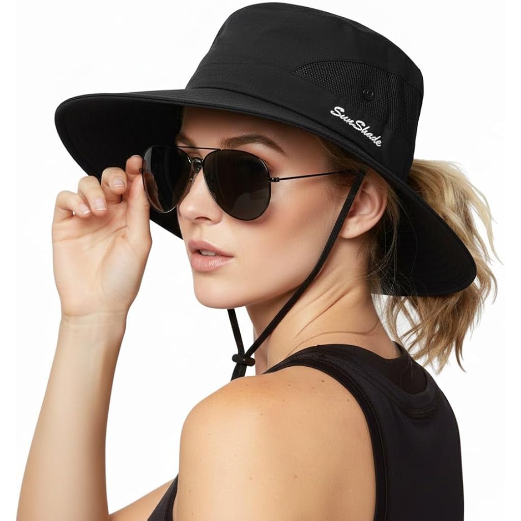 Women's Sun-Hat UV-Protection-Foldable Mesh Wide-Brim Outdoor Summer Beach Fishing Hat with Ponytail-Hole