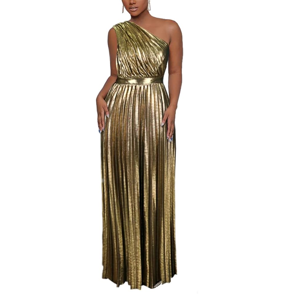 Aomei Women'S Luxury Metallic One Shoulder Sleeveless Elegant Pleated Long Dress