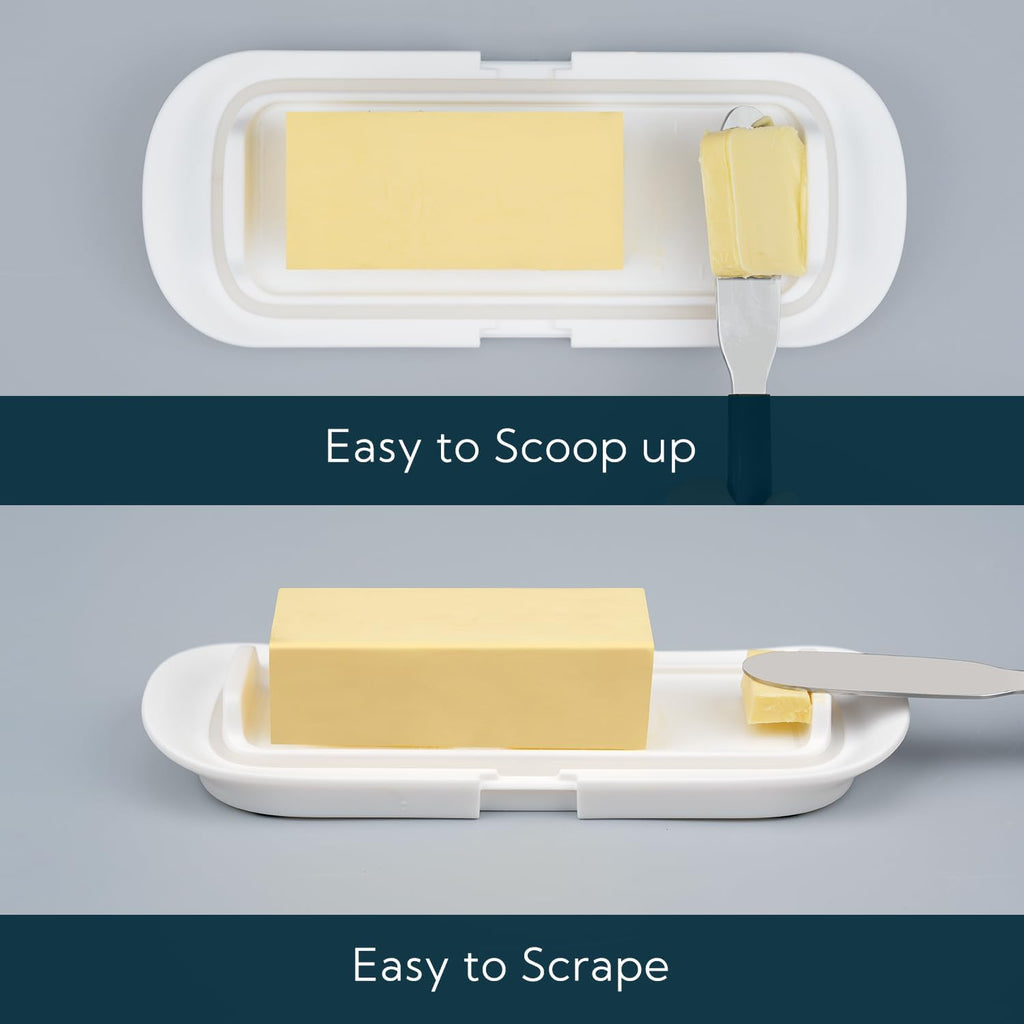 KITCHENDAO One-handed Airtight Butter Dish with Lid for Countertop and Refrigerator Door Shelf, Butter Holder with One Press to Open/Close Secure Latching Buckle for West/East Coast Butter (White)