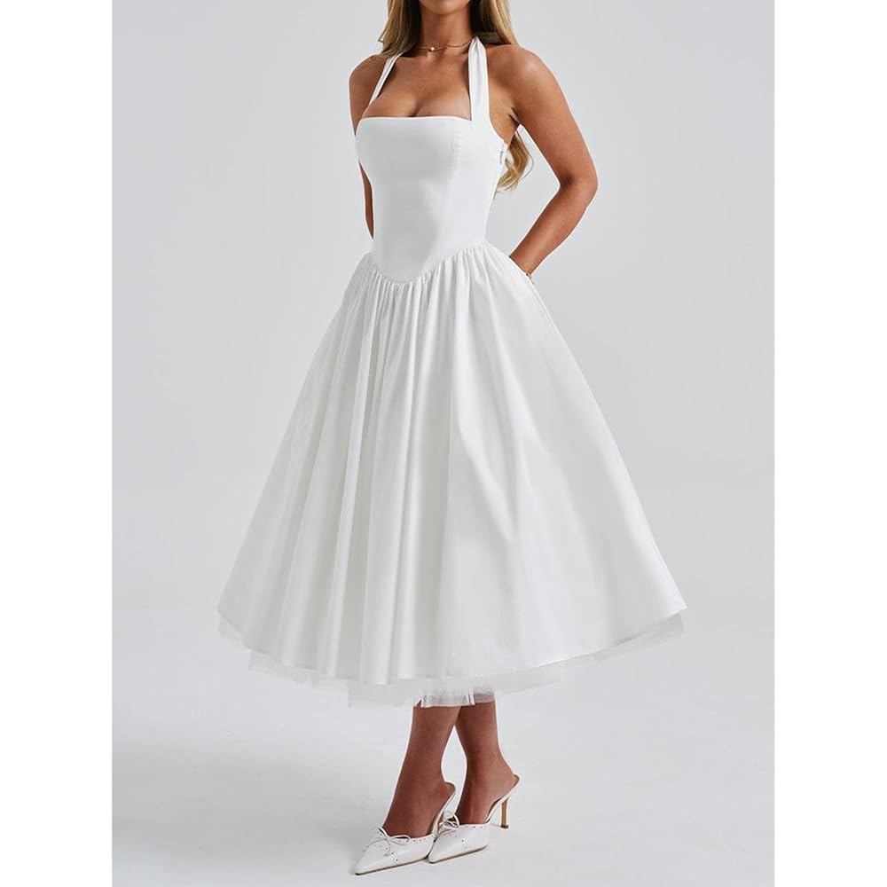 Women Halter Midi Dress Corset Back Layered Tulle Skirt A Line Formal Dresses Wedding Guest Bridal Shower