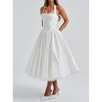Women Halter Midi Dress Corset Back Layered Tulle Skirt A Line Formal Dresses Wedding Guest Bridal Shower