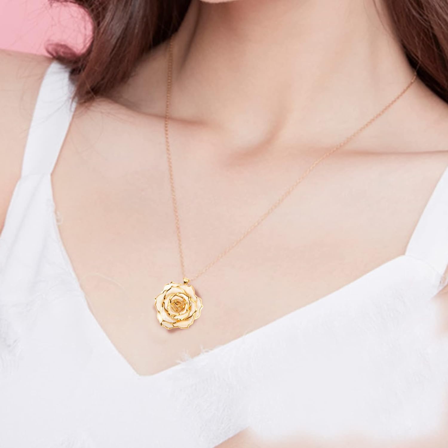 AliveRose Real Rose Gold Dipped Necklace Gifts for Women, 24K Gold Dipped Rose Pendant Necklace Jewelry Mothers Day Anniversaries Birthday Christmas Special Occasions Gifts for Her Mom Wife