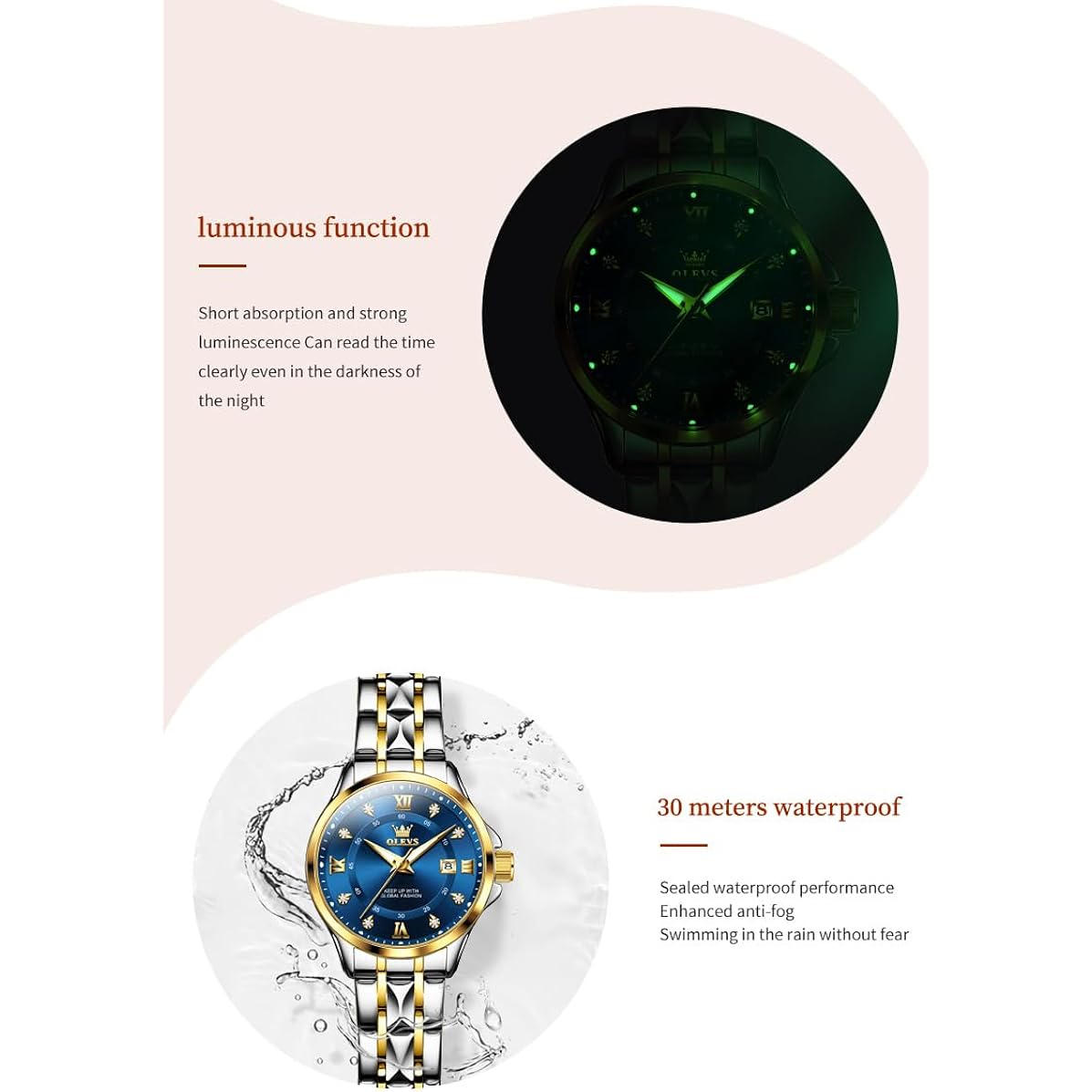 OLEVS Watch Women Two Tone Watches for Women with Date Dress Womens Watches for Medium Wrists Luxury Easy Read Womens Watch Waterproof Blue/Black/Gold/Silver Dial Reloj para Mujer Ideal Gift for Her