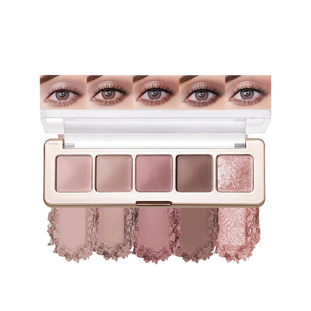 Pink Brown Neutral Matte Eyeshadow Palette, 5 Color Highly Pigmented Shimmer Everyday Eye Shadow Palette Makeup for Older Women, Suitable for Green and Blue Eyes, Brightening Eye Mini Travel Size 02#