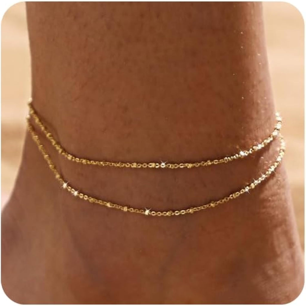 Gold/Silver Ankle Bracelets for Women,14K Gold Plated Anklets for Women Waterproof Cuban Link Heart Pearls Beads Rhinestone Anklets Set Layered Bracelets for Women Gold Jewelry Gift