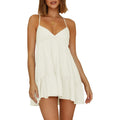 Womens V Neck Crisscross Backless Dresses Tie Back Sleeveless Ruffle Hem Flowy Swing A-Line Vintage Summer Mini Dress