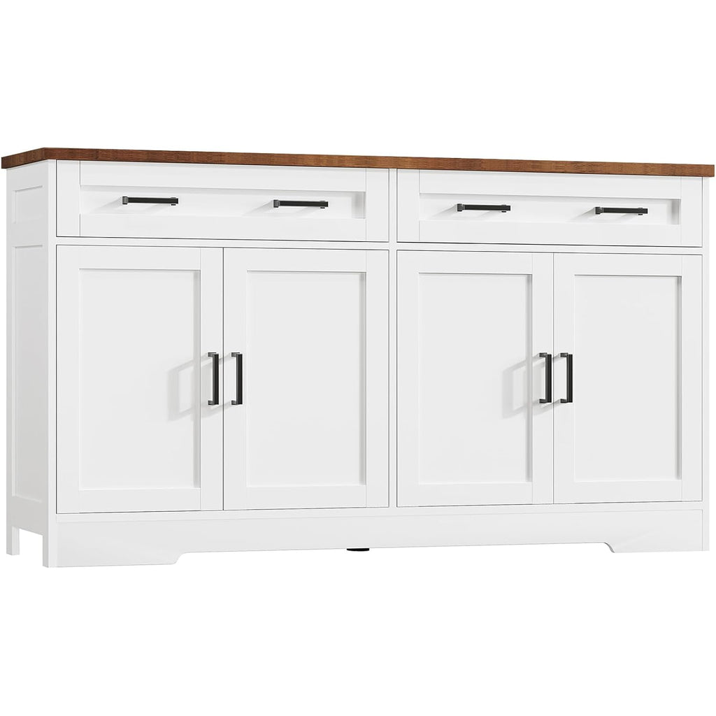 Usikey 55" Buffet Cabinet With Storage And Drawers, Large Sideboard Buffet Cabinet With Adjustable Shelves And Doors, Modern Coffee Bar For Kitchen, Living Room, White