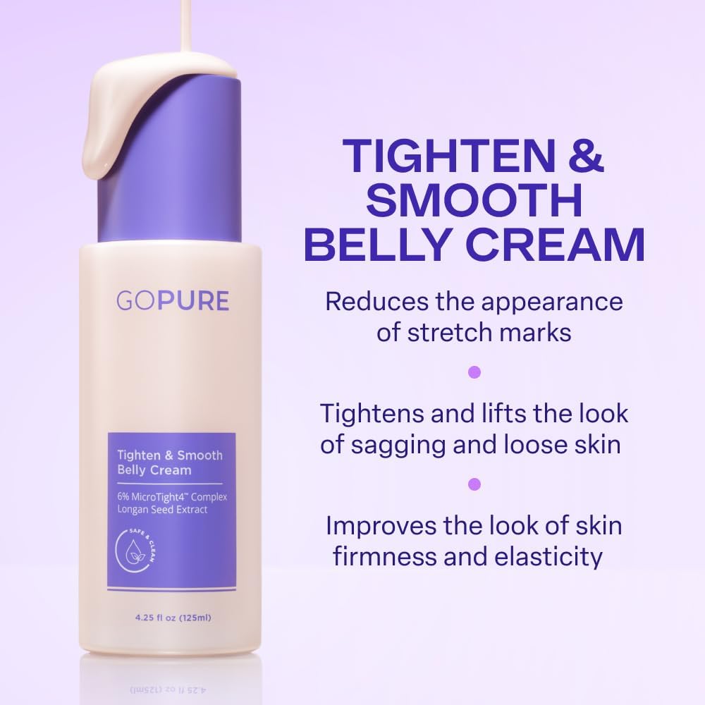 Gopure Tighten & Smooth Belly Cream - Clinically Tested With Microtight4 Complex To Reduce The Appearance Of Cellulite & Stretch Marks - Quick Absorbing For Smoother, Firmer-Looking Skin, 4.25Oz