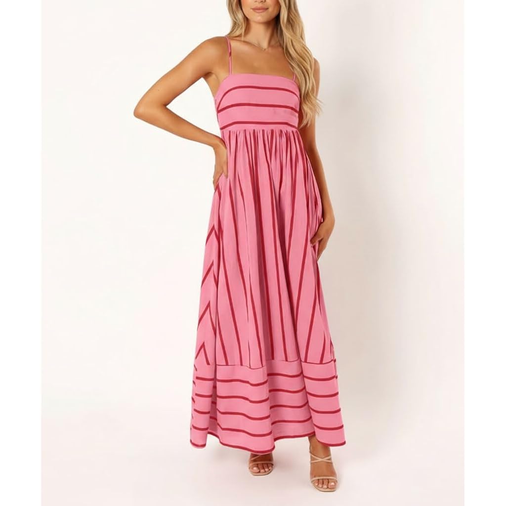 Chouyatou Women'S Striped Back Smocked Maxi Dress Sexy Spaghetti Strap Cut Out Flowy Swing Long Dress