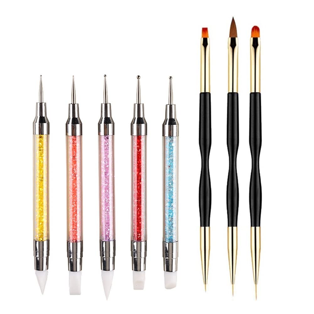 FULINJOY 5PCS Dual-Ended Nail Art Sculpture Pen Dotting Tools with 3PCS Nail Painting Brushes, Silicone Nail Polish Brushes Stainless Steel Carving Drawing Tool, Acrylic Rhinestone Handle