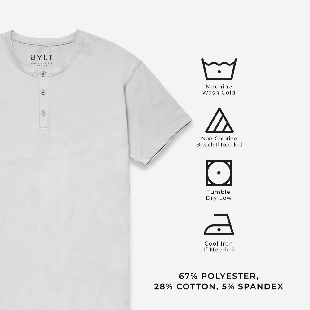 Bylt Drop-Cut Henley Shirts For Men, 3-Button Closure, Short Sleeve, Casual T-Shirt, Soft & Breathable, Wrinkle Resistant