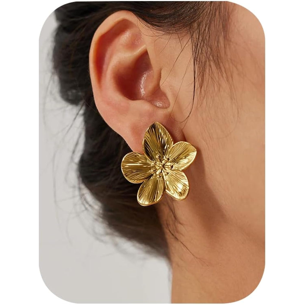 Big Gold Flower Statement Earrings for Women, 14K Gold Plated Chunky Unique Starfish Leaf Floral Drop Earrings, Large Fall Earrings Jewelry Gift