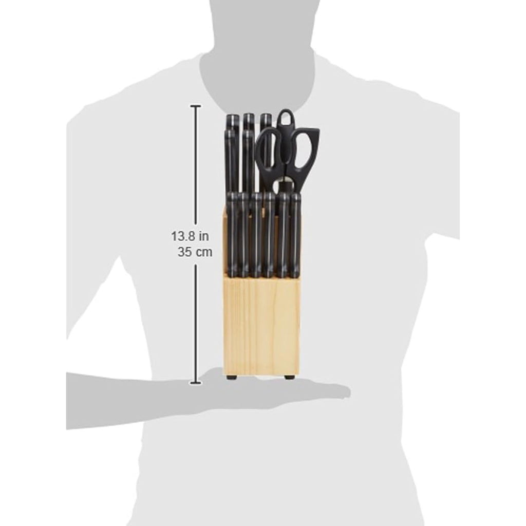 Amazon Basics 14-Piece High Carbon Stainless Steel Kitchen Knife Set with Full Tang Construction, Ergonomic Handles, Sharpener and Pinewood Block, Black