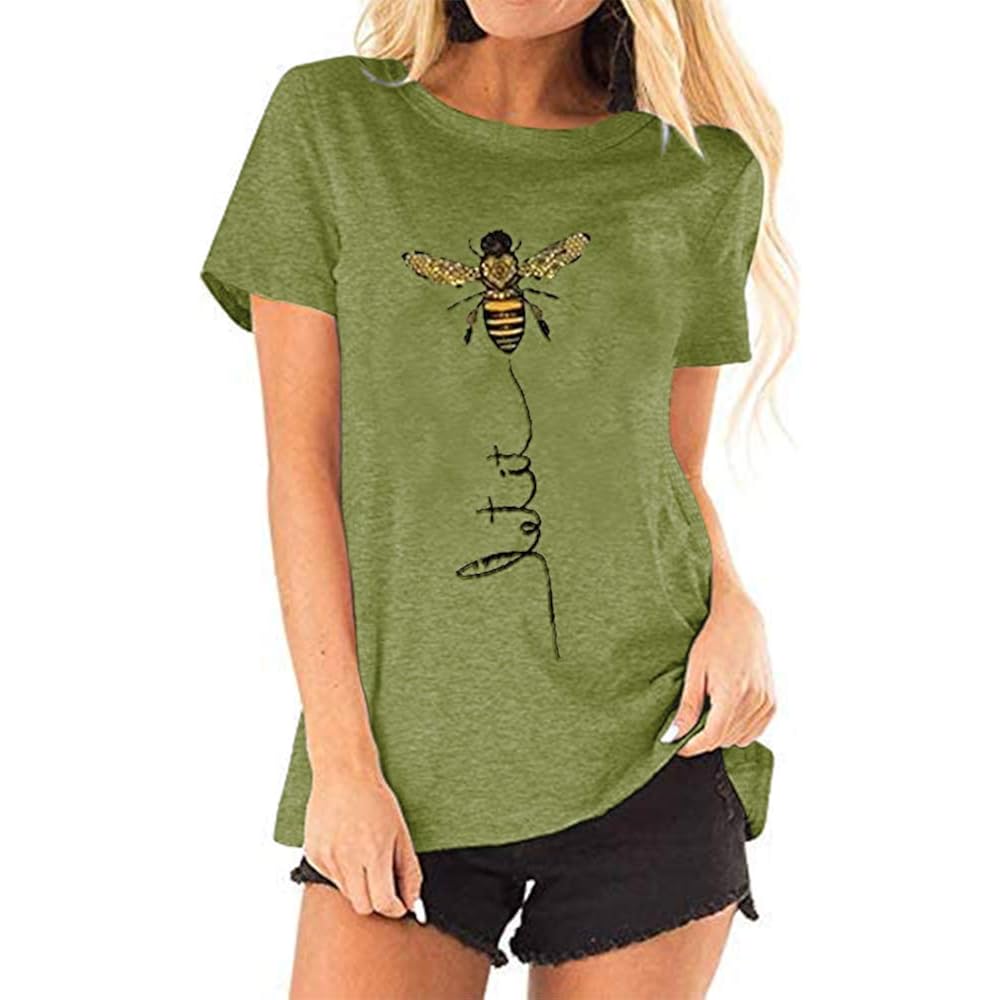 Womens Cute Bee Graphic Tee Shirts Short Sleeve Let It Bee Funny Letter Print Summer T-Shirt Tops