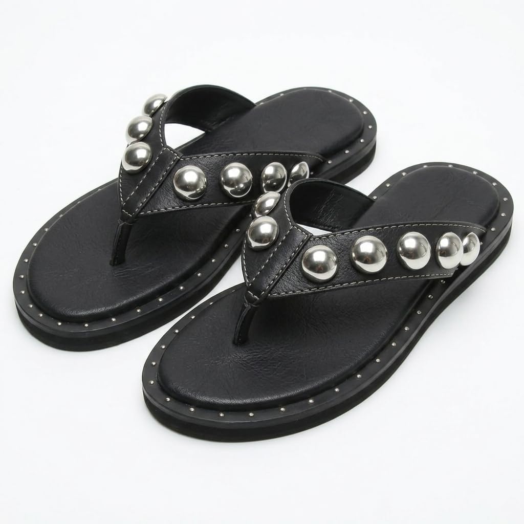 Studded Thong Sandals For Women Round Clip Toe Slip On Flip Flops Slides Comfortable Contrast Tacked Slipper Shoes