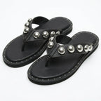 Studded Thong Sandals For Women Round Clip Toe Slip On Flip Flops Slides Comfortable Contrast Tacked Slipper Shoes