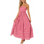 Chouyatou Women'S Striped Back Smocked Maxi Dress Sexy Spaghetti Strap Cut Out Flowy Swing Long Dress