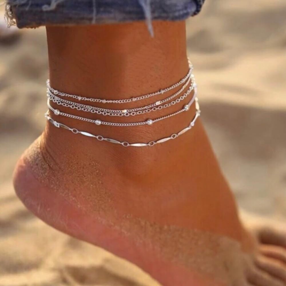 LEXODY Silver/Gold Anklets for Women, Sterling Silver Evil Eye Ankle Bracelets for Women Trendy Dainty Waterproof Anklets Set Adjustable Layered Anklet Bracelets for Women Silver Jewelry Gift