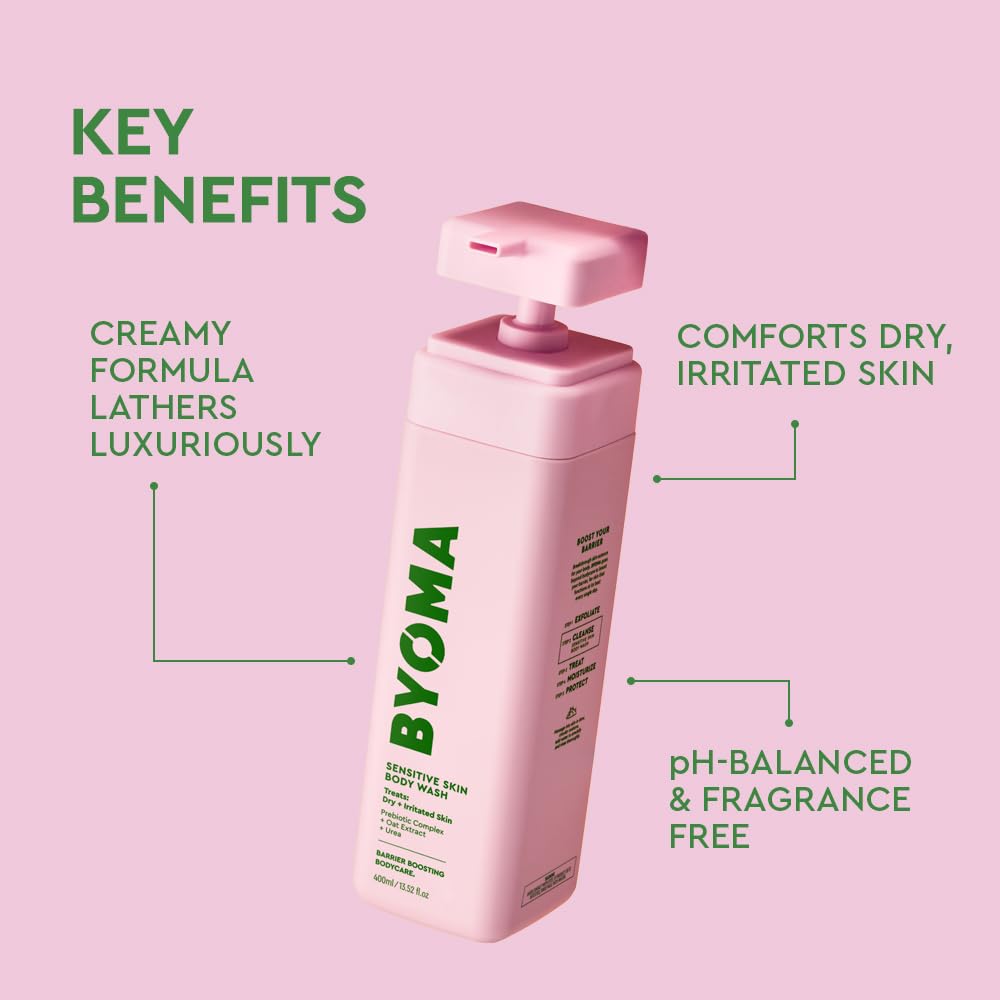 Byoma Sensitive Body Wash - For Delicate, Irritated Skin - Creamy, Fragrance-Free Cleanser With Colloidal Oat & Urea - Soothes & Relieves Itching - Skin Barrier Support - 16.9 Fl Oz