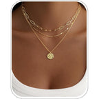Layered Gold Necklace for Women, 14K Gold Plated Necklace Stack for Women, Dainty Adjustable Gold Necklace Set