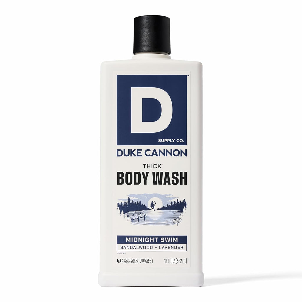Duke Cannon Supply Co. Thick High Viscosity Body Wash - 3X Thicker, Cleansing Shower And Bath Gel, Mineral-Enriched Body Wash For Men - Sandalwood + Lavender - Mens Body Scrub - Midnight Swim (18 Oz)