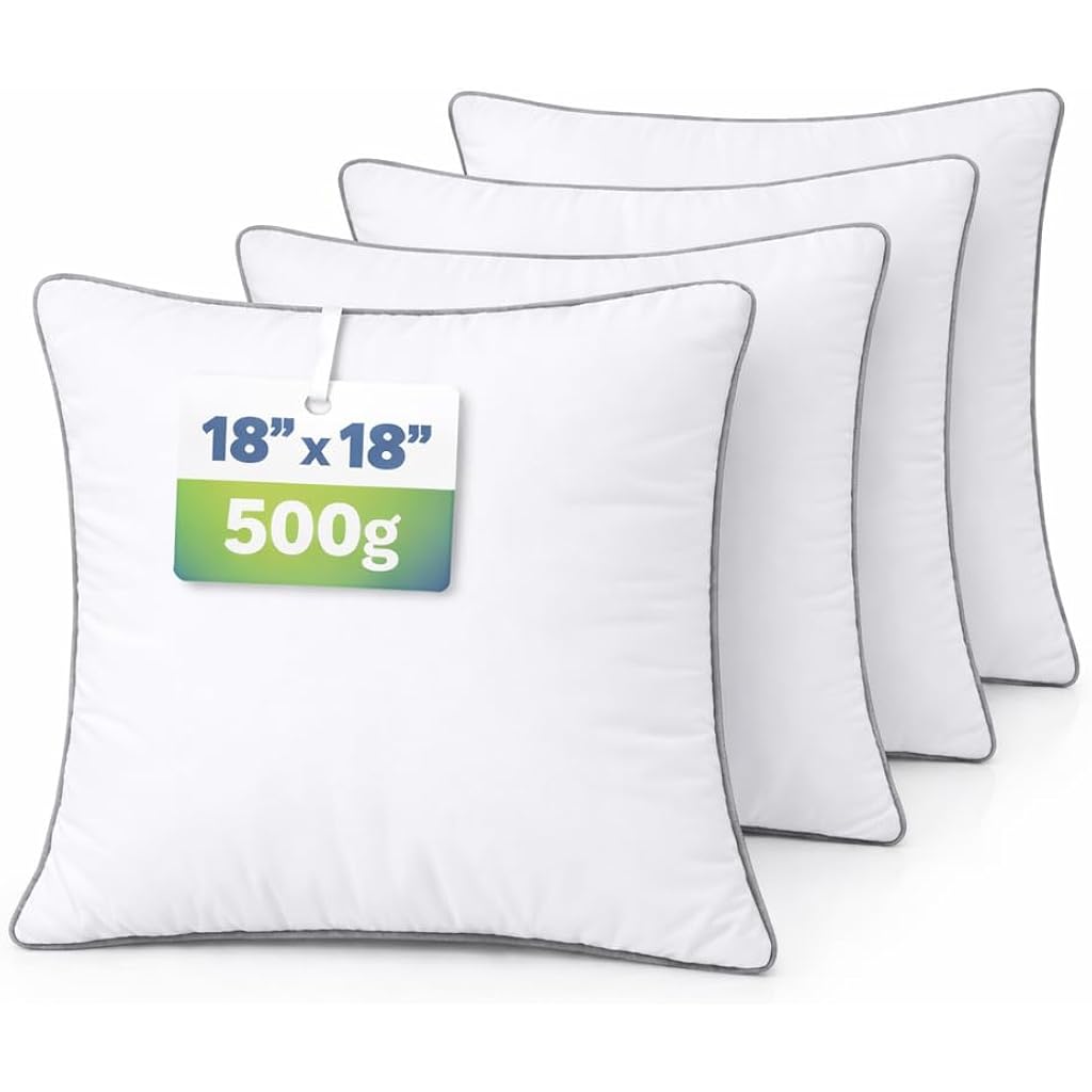 18x18 Throw Pillow Inserts Set of 4, 500g Extra Filled Decorative Pillow Inserts with Grey Piped Edge, Soft Fluffy Supportive Couch Sofa Bed Pillow Forms, Hypoallergenic Polyester Fiber, White