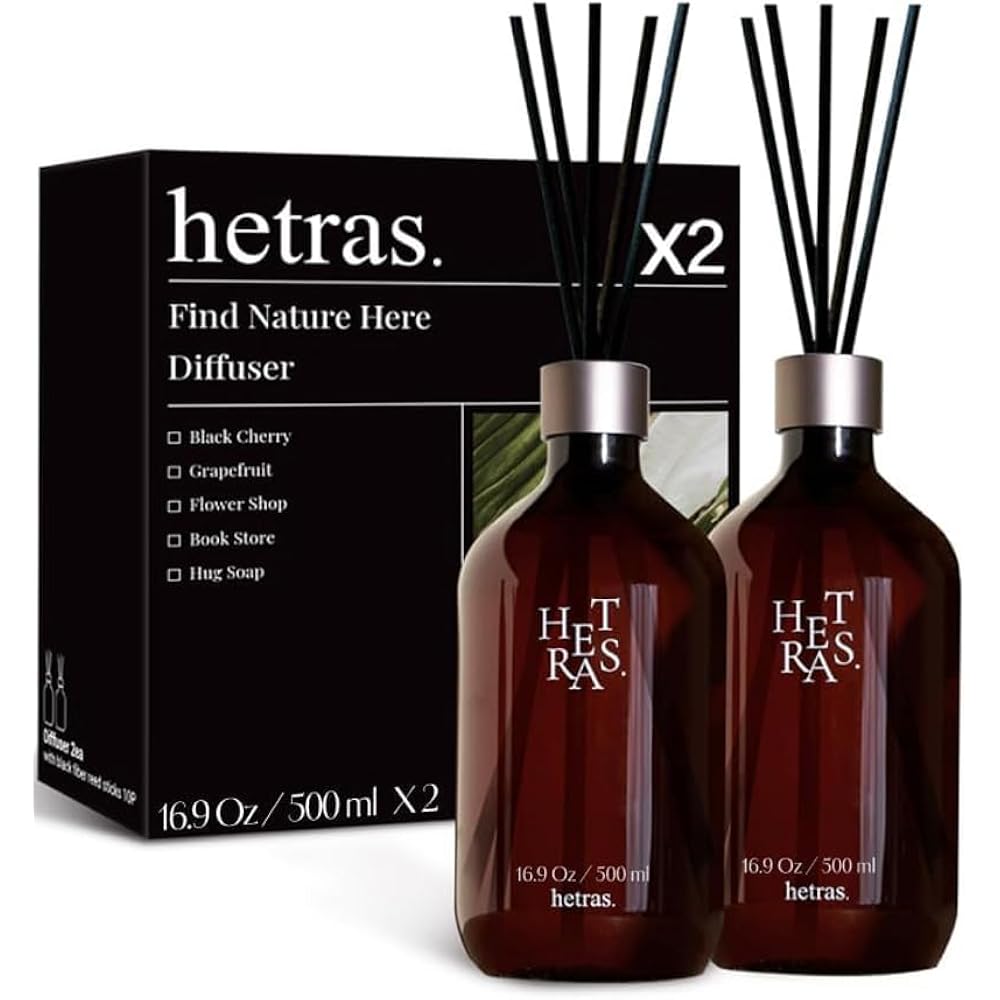 Hetras Premium Reed Diffuser Set (Hotel Wood Scent)–Large Capacity Value 2-Pack | 16.9 Fl.Oz (500Ml) X 2 Bottles With 10 Reed Sticks Total | Warm Woody & Musk Aroma | Luxury Decor & Gift