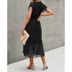 Btfbm Women Summer Bohemian Floral Casual Wrap V Neck Ruffle Cap Sleeveless Belt A-Line Pleated Hem Midi Sun Dress White