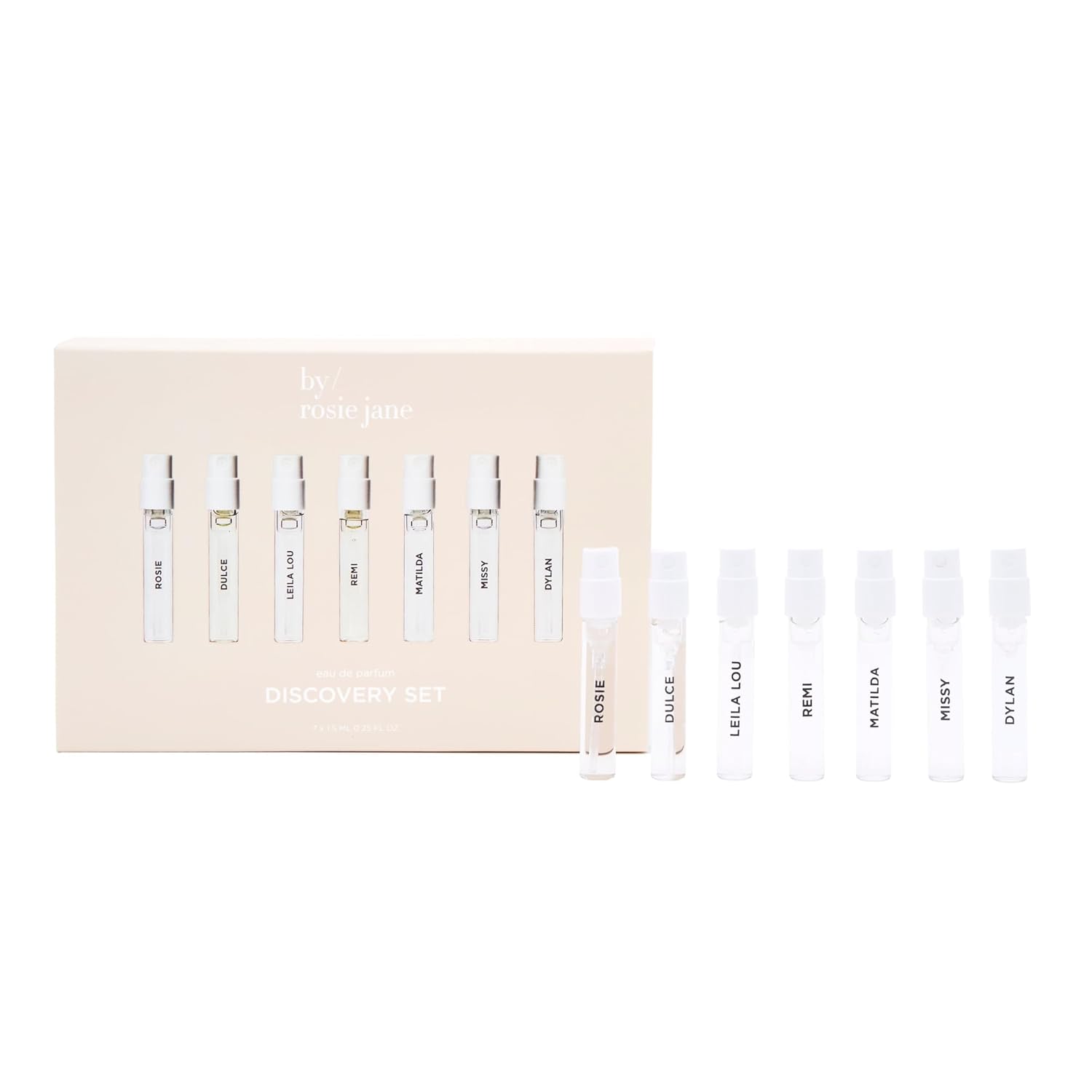 By Rosie Jane Complete Collection Mini Perfume Set - 7 Piece Travel Size Perfume Kit - Includes Matilda, Rosie, Dulce, Remi, Missy, Leila Lou + Dylan Eau de Parfum - Non-Toxic + Vegan (7 Count)