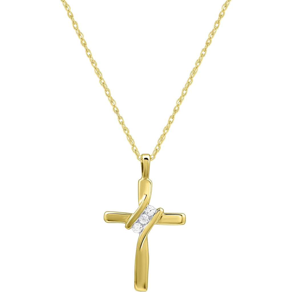GILDED Small 10 Karat Yellow Gold Natural Round-Cut Diamond Accent 3 Stone Cross Pendant with an 18 Inch Chain