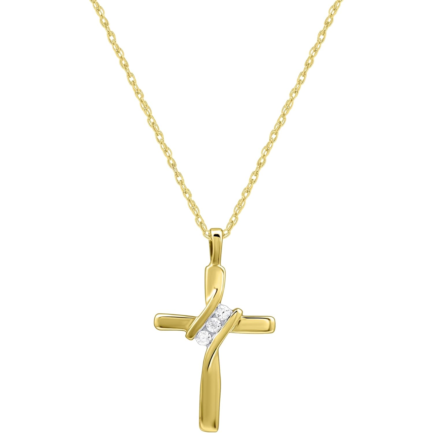 GILDED Small 10 Karat Yellow Gold Natural Round-Cut Diamond Accent 3 Stone Cross Pendant with an 18 Inch Chain