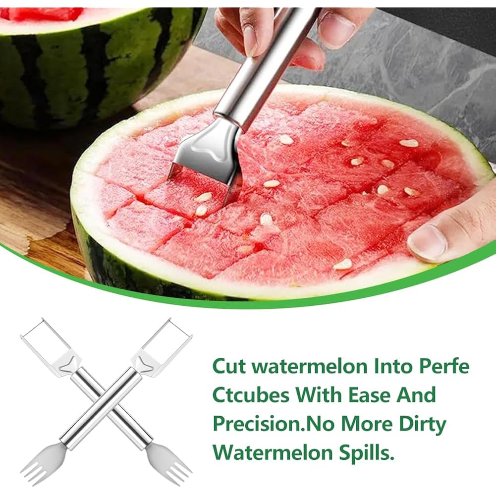 2-in-1 Stainless Steel Fruit Cutter, Watermelon Slicer with Fork, Dual Head Watermelon Fork Slicer Tool for Cubes, Fruit Knife with Round Handle for Home Kitchen, Picnic & Party (1Pack)