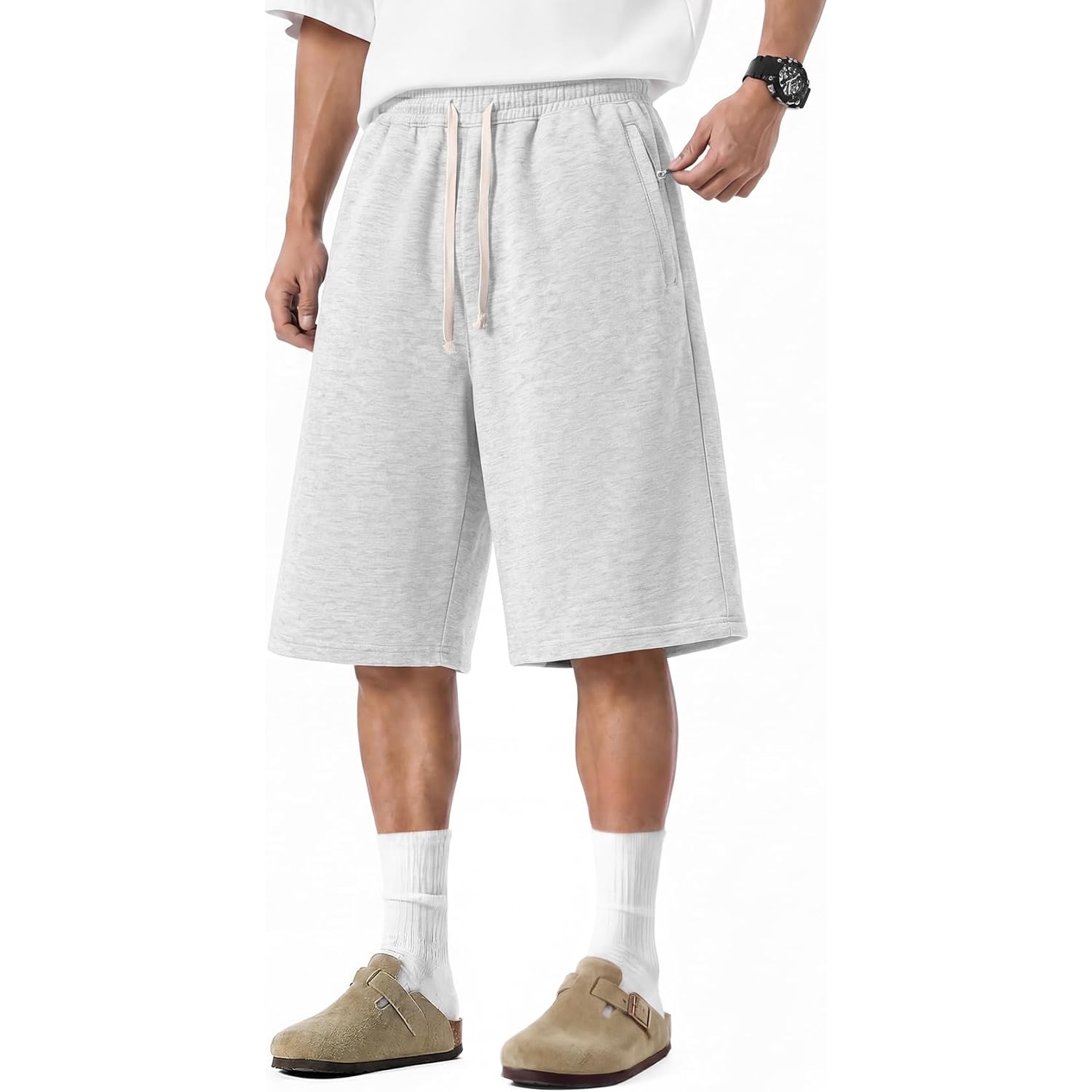 Baggy Sweat Shorts Men Wide Leg, Cotton Gym Shorts Zipper Pocket Long Below Knee, Oversized Loose Y2K Casual Athletic