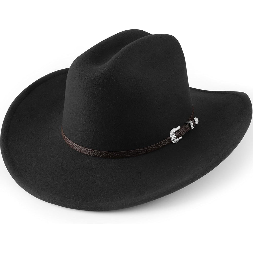 Western Cowboy Hats for Women Classic Felt Wide Brim Fedora Hat with Belt Buckle Retro Panama Hat Unisex Rolled up Cap 1 Pc Fedora Hat : Black