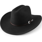 Western Cowboy Hats for Women Classic Felt Wide Brim Fedora Hat with Belt Buckle Retro Panama Hat Unisex Rolled up Cap 1 Pc Fedora Hat : Black