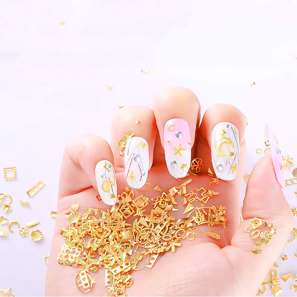 WOKOTO 6 Boxes Gold Nail Charms Studs Rose Star Moon Feather Shape Metal Nail 3D Charm Kit 3D Nail Art Jewelry Decoration with 1Pc Tweezers and Picker Pencil Tools