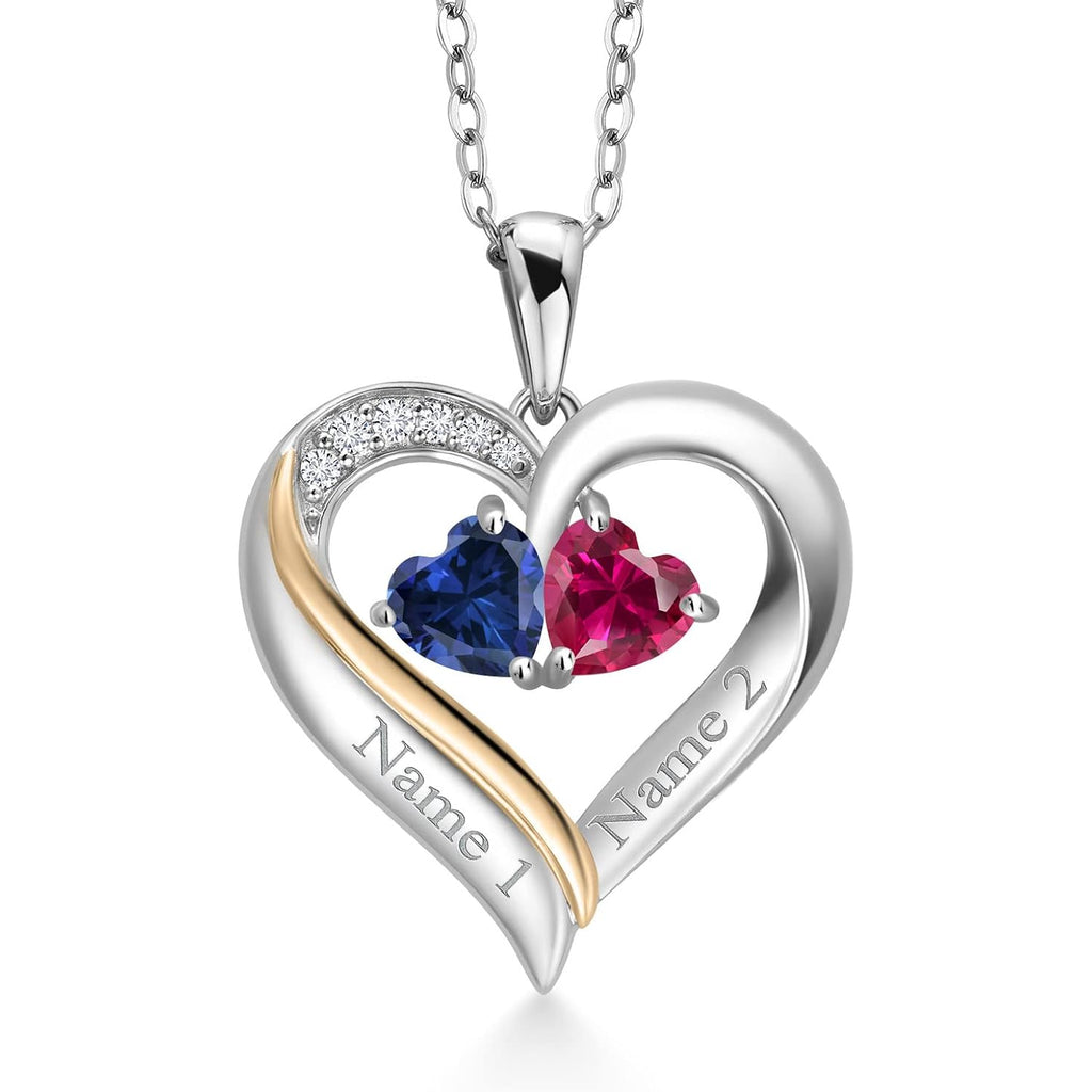 Gem Stone King 2-Heart Couple Name Engraved Pendant Necklace For Women | 925 Sterling Silver and 10K Yellow Gold | Customized and Personalized | Gemstone Birthstone and Lab Grown Diamond | 18 Inch