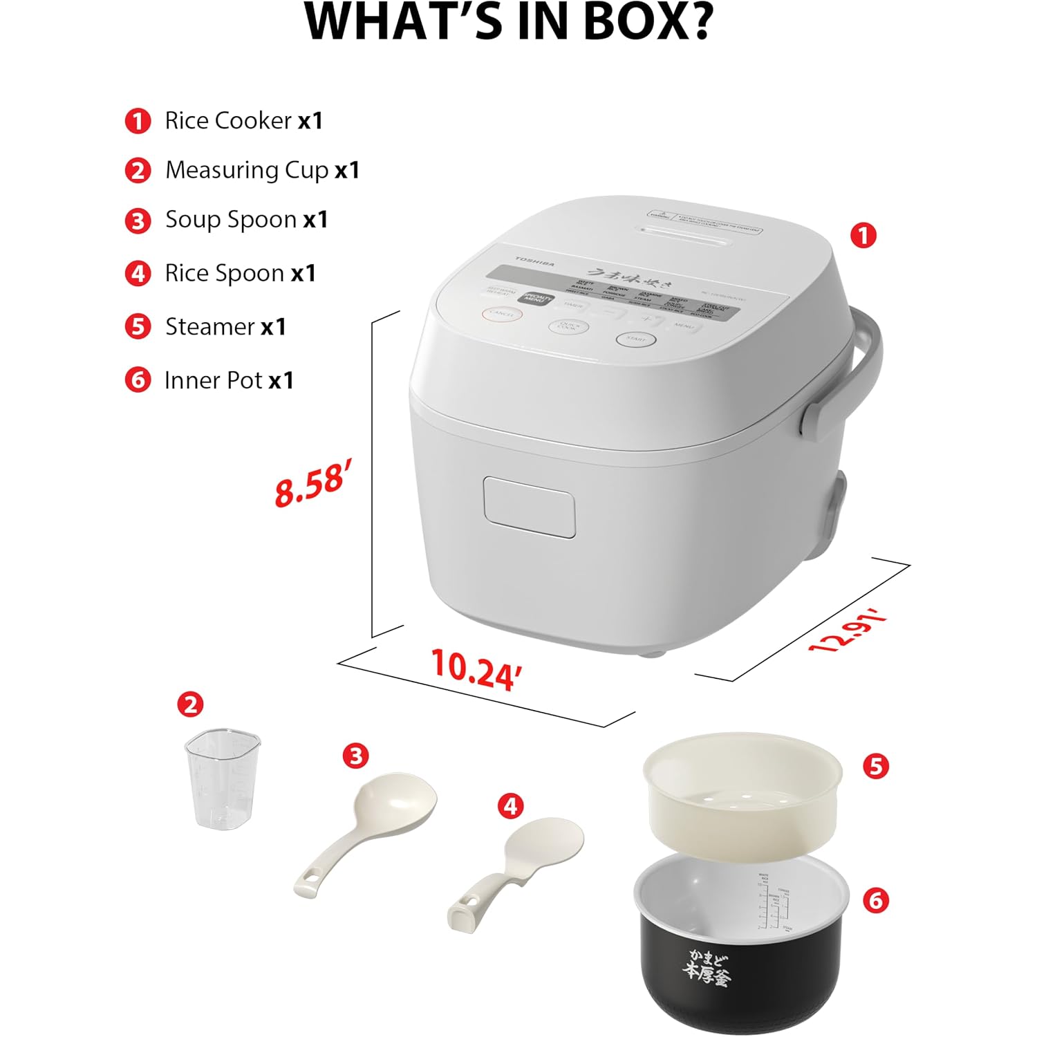 Toshiba Origintaste Rice Cooker 5.5-Cup Uncooked, Fuzzy Logic, 15-In-1 Functions, Digital Display, Delay Timer, Keep Warm, Nonstick Inner Pot, White