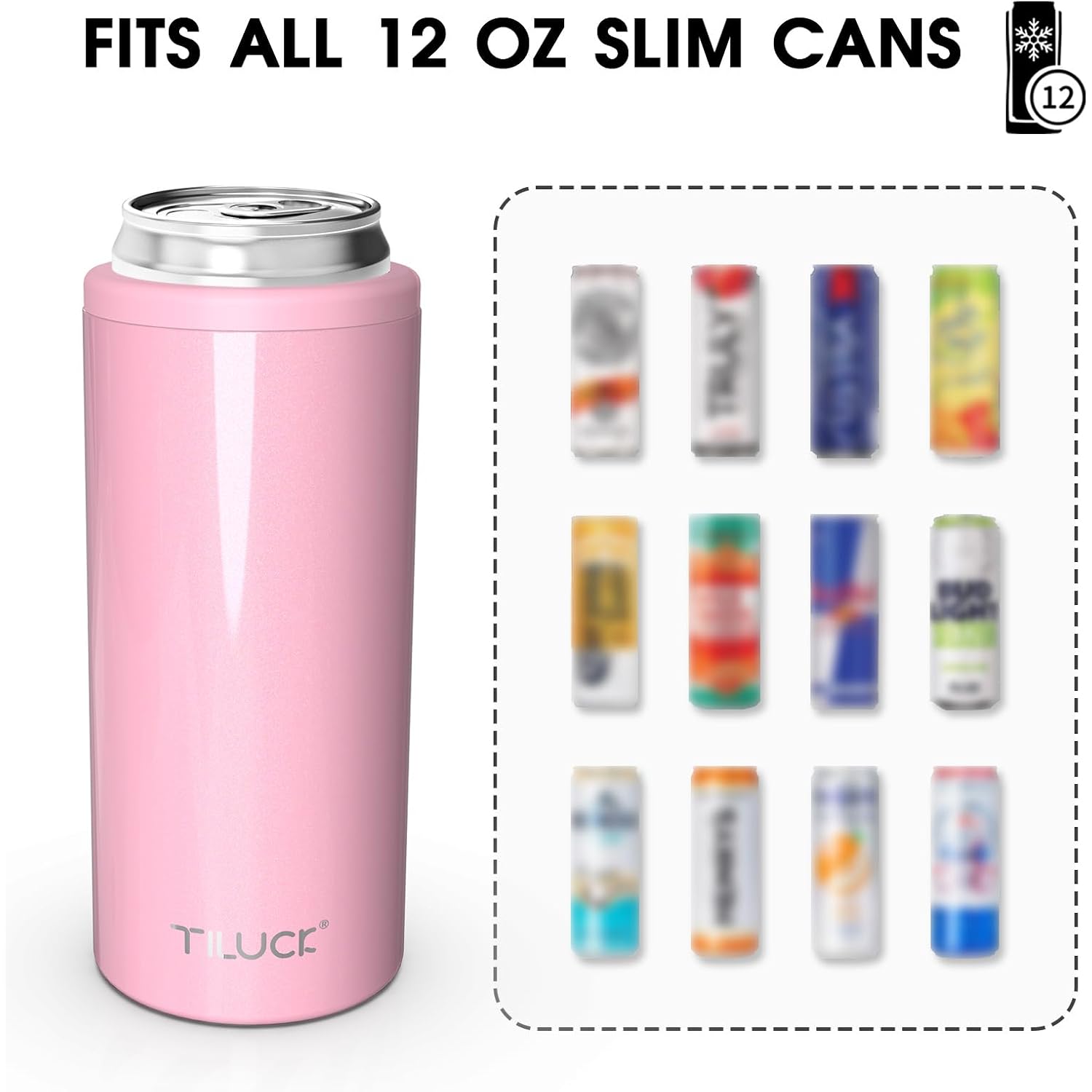 Skinny Can Cooler, Stainless Steel Insulated Slim Cans, 12 Oz | Beer & Hard Seltzer, Doucle-Walled Stainless Steel Insulated Slim Cans, Slim 12 Oz(Glitter Blush)